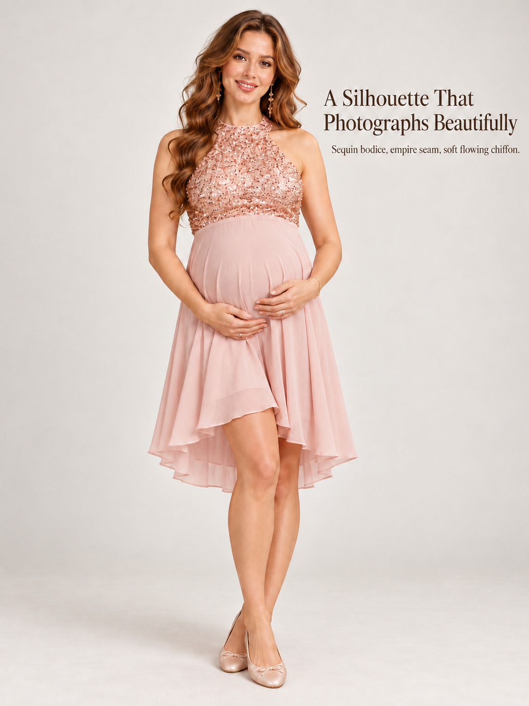 Evelina Light Pink maternity dress — full-length view against a pale studio wall