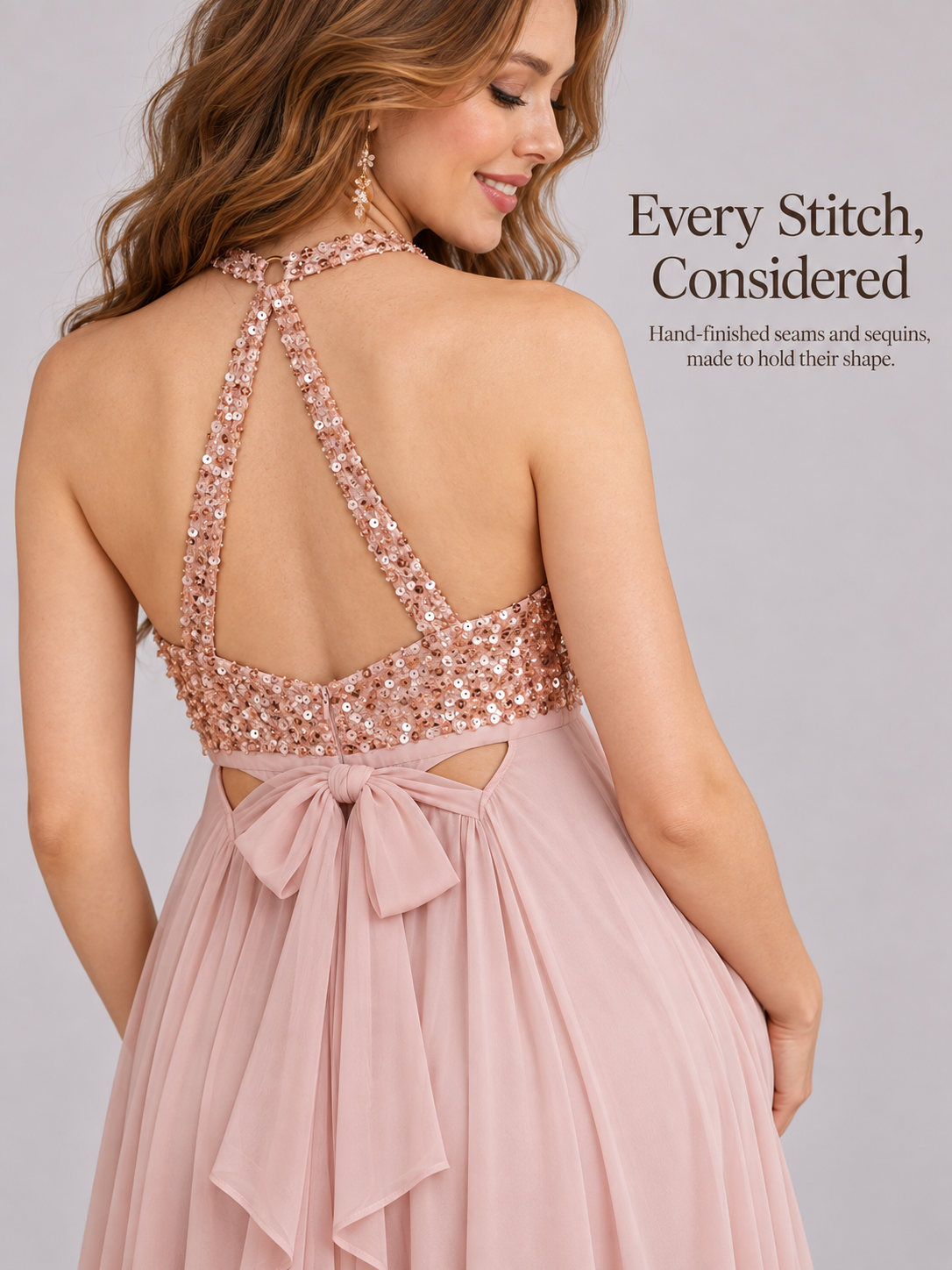 Evelina Light Pink maternity dress — back close-up of the sequin straps and tie bow