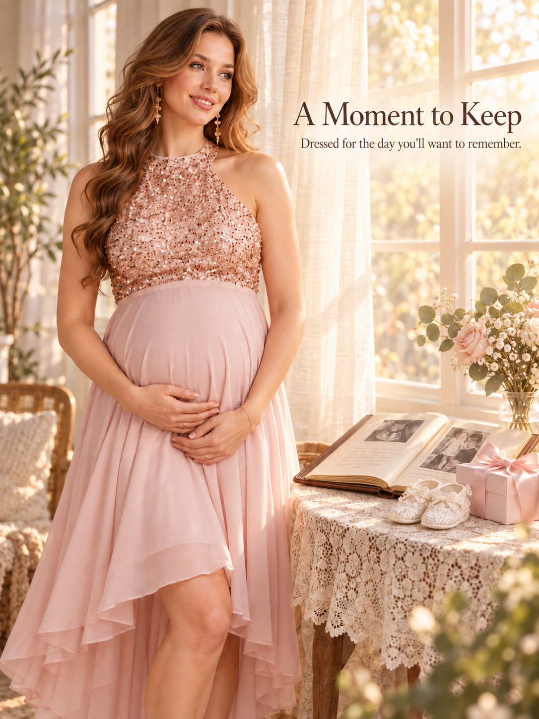Evelina Light Pink maternity dress — standing by a sunny window beside a keepsake table