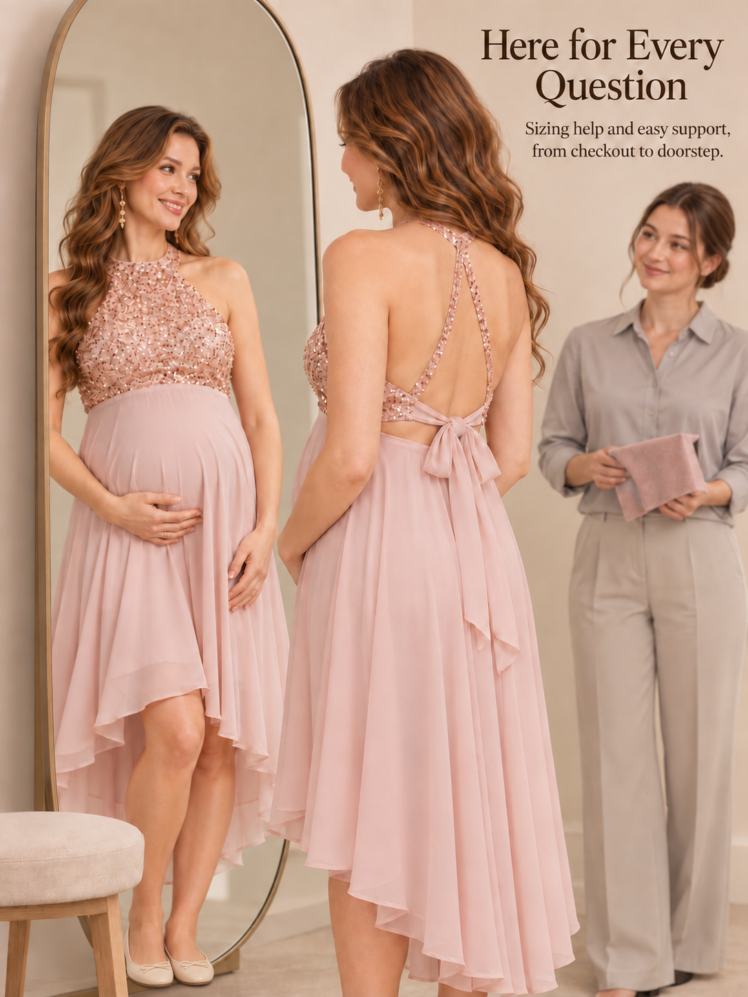 Evelina Light Pink maternity dress — trying it on in a boutique with the back seen in a mirror