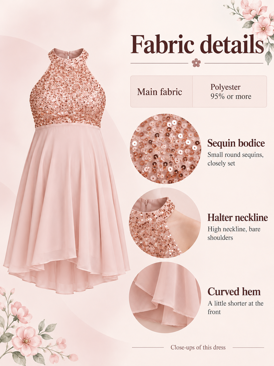 Evelina Light Pink maternity dress — material guide showing the sequins, halter neckline and curved hem