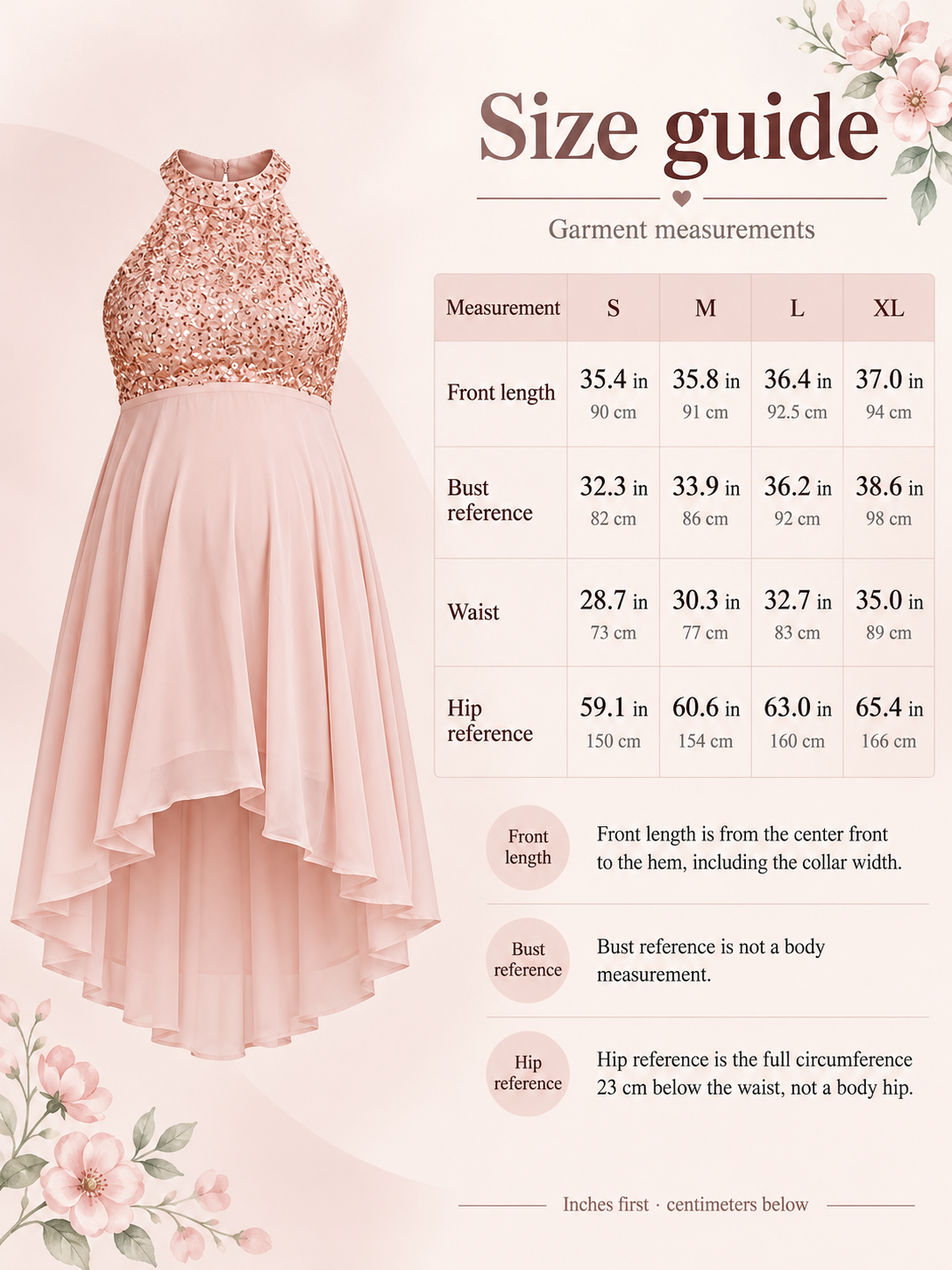 Evelina Light Pink maternity dress — size guide with S to XL garment measurements in inches and centimeters
