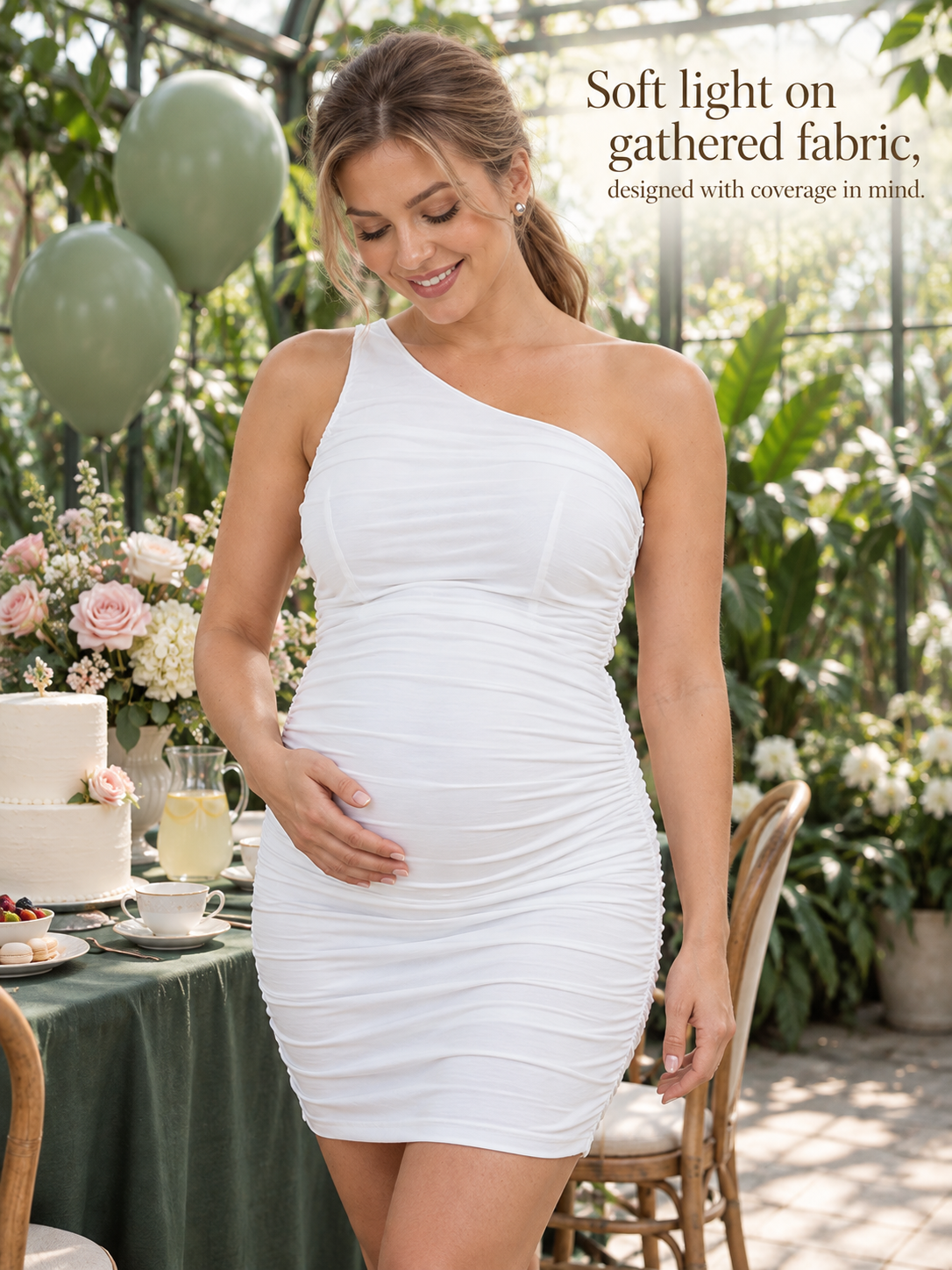 Tessa White maternity dress — gathered fabric in soft garden light