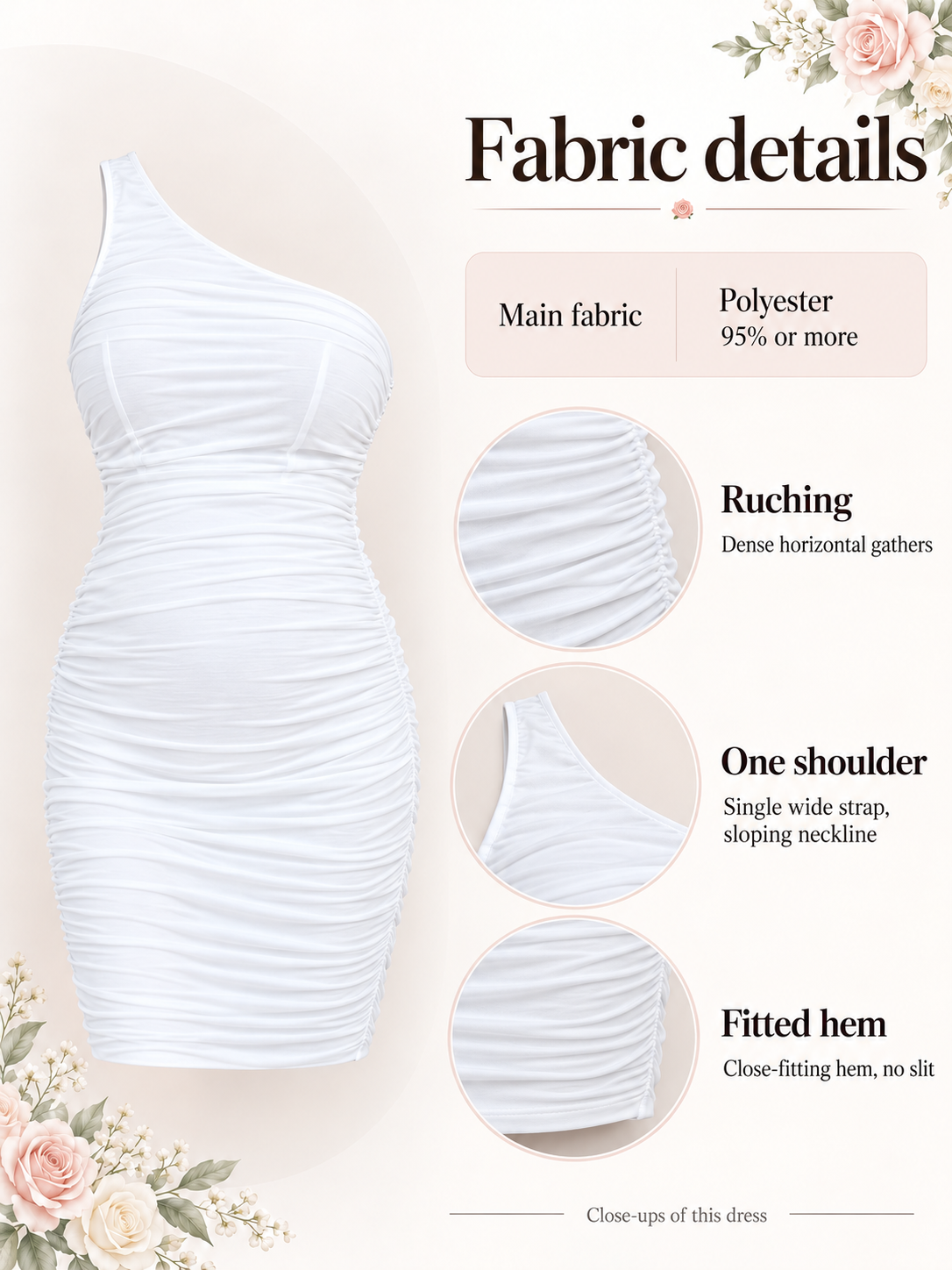 Tessa White maternity dress — material guide showing the dense ruching, bodice seams and single strap
