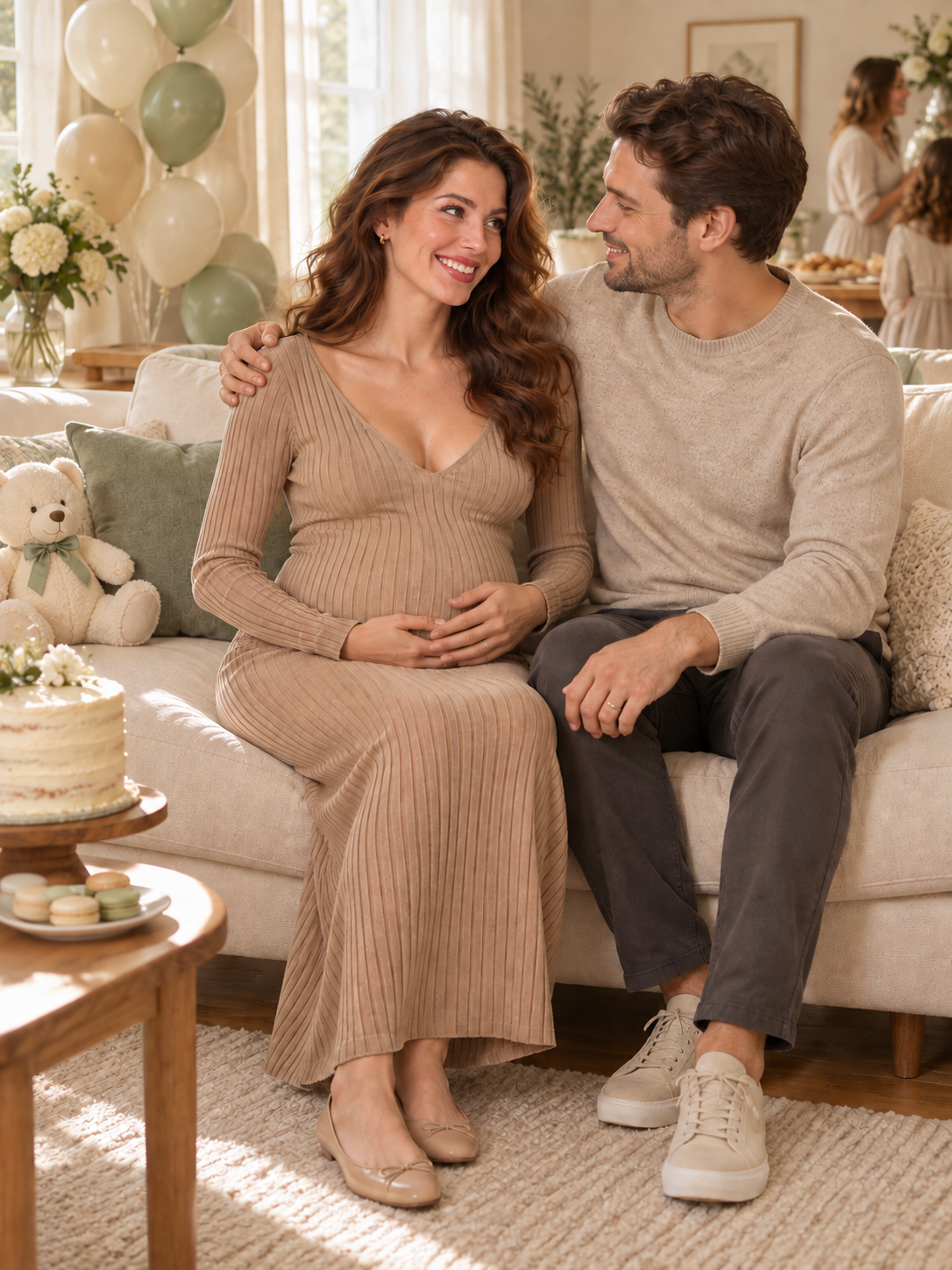 Isadora Khaki maternity dress — sitting on a sofa with her partner at a baby shower