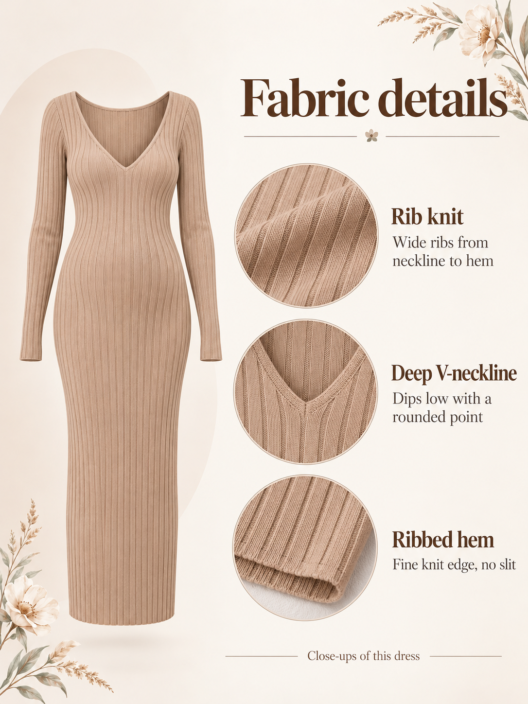 Isadora Khaki maternity dress — material guide showing the rib knit, deep V-neckline and hem