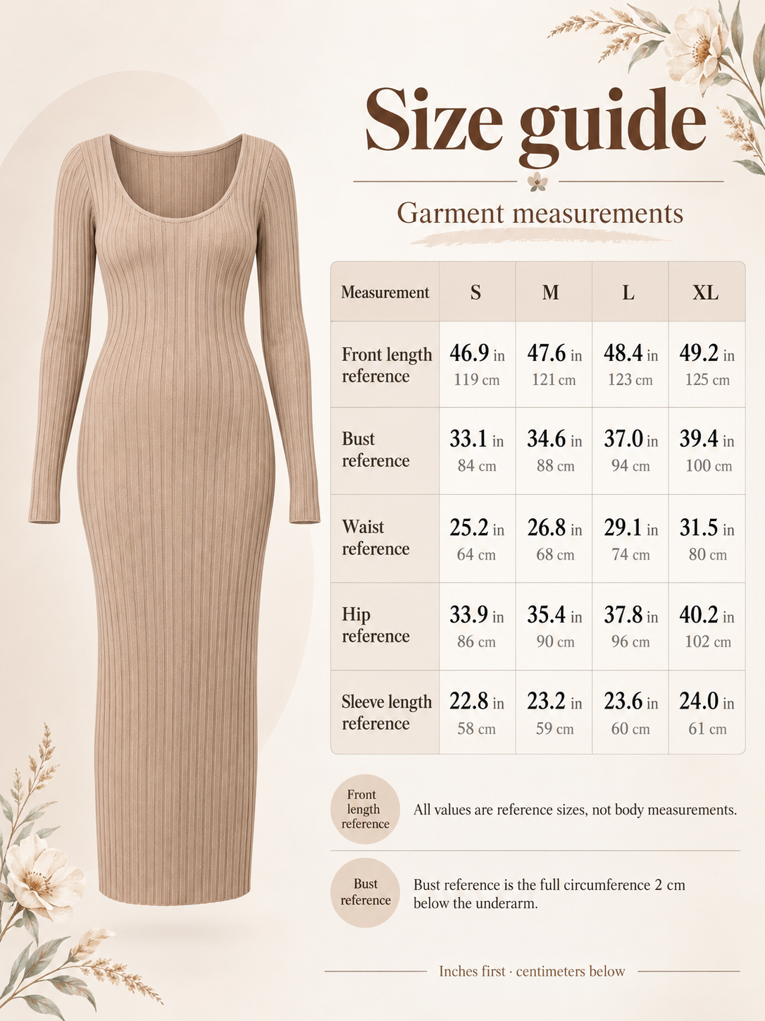 Isadora Khaki maternity dress — size guide with S to XL garment measurements in inches and centimeters