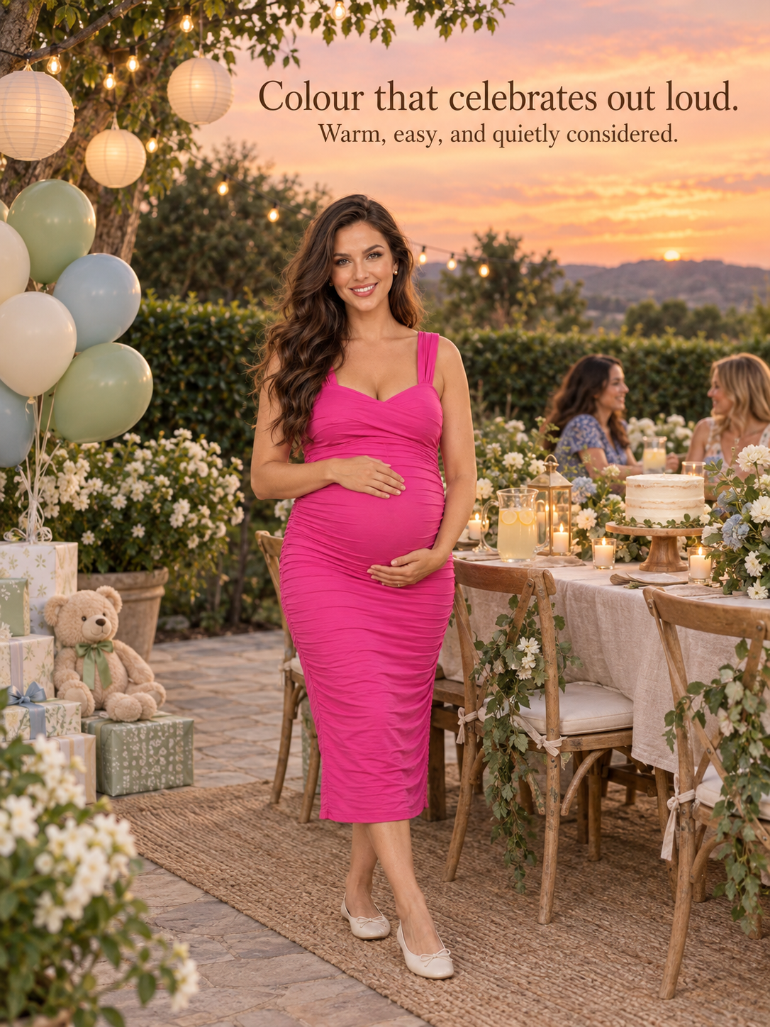 Paloma Rose maternity dress — garden celebration at sunset under string lights