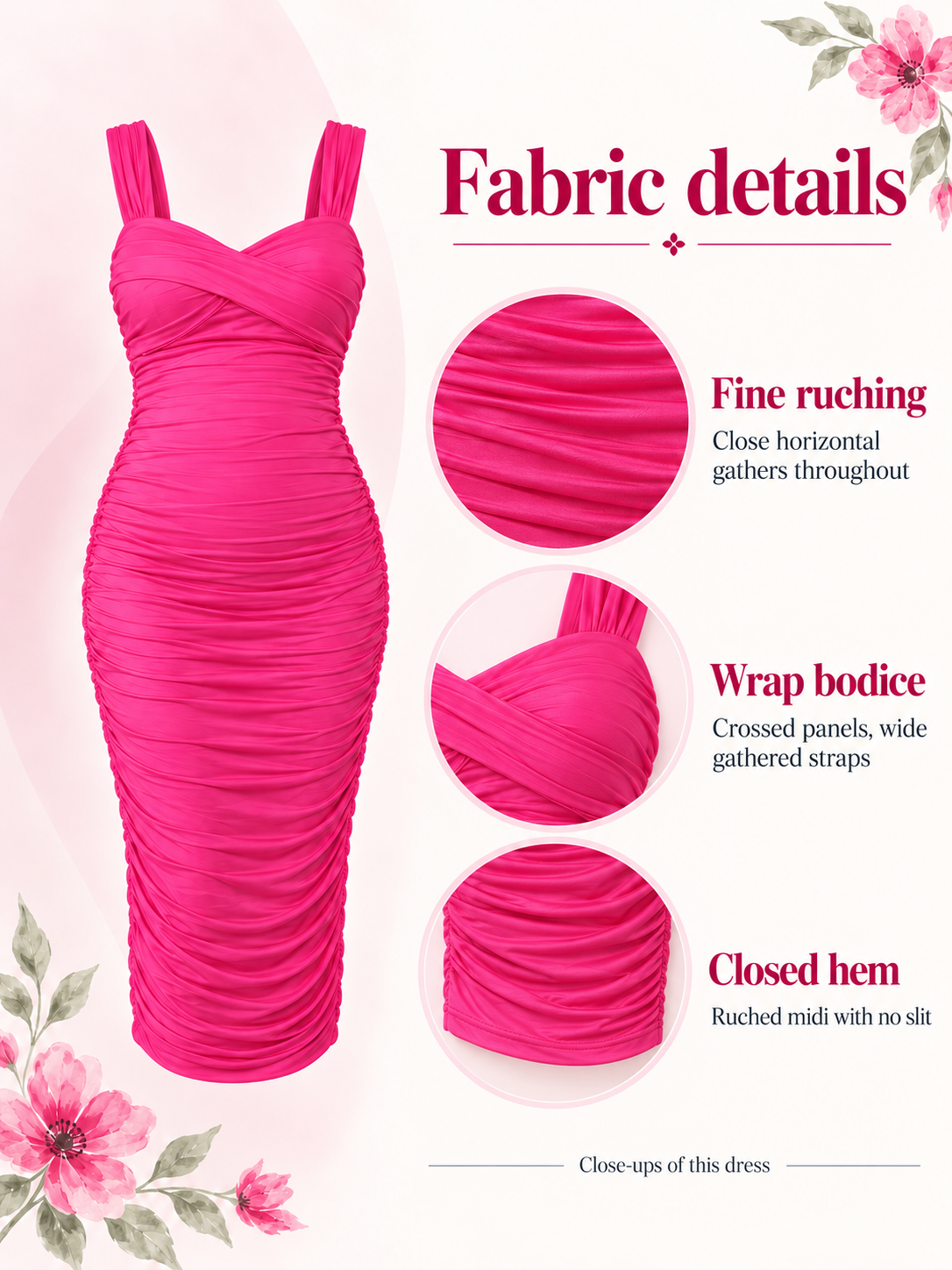 Paloma Rose maternity dress — material guide showing the horizontal ruching, wrap bodice and wide straps