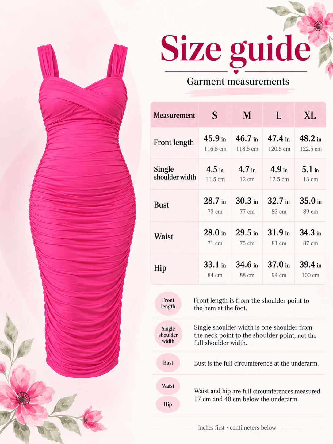 Paloma Rose maternity dress — size guide with S to XL garment measurements in inches and centimeters