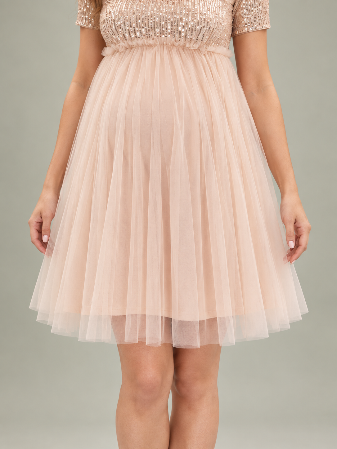 Margot Champagne maternity dress — layered tulle skirt and knee-length hem detail