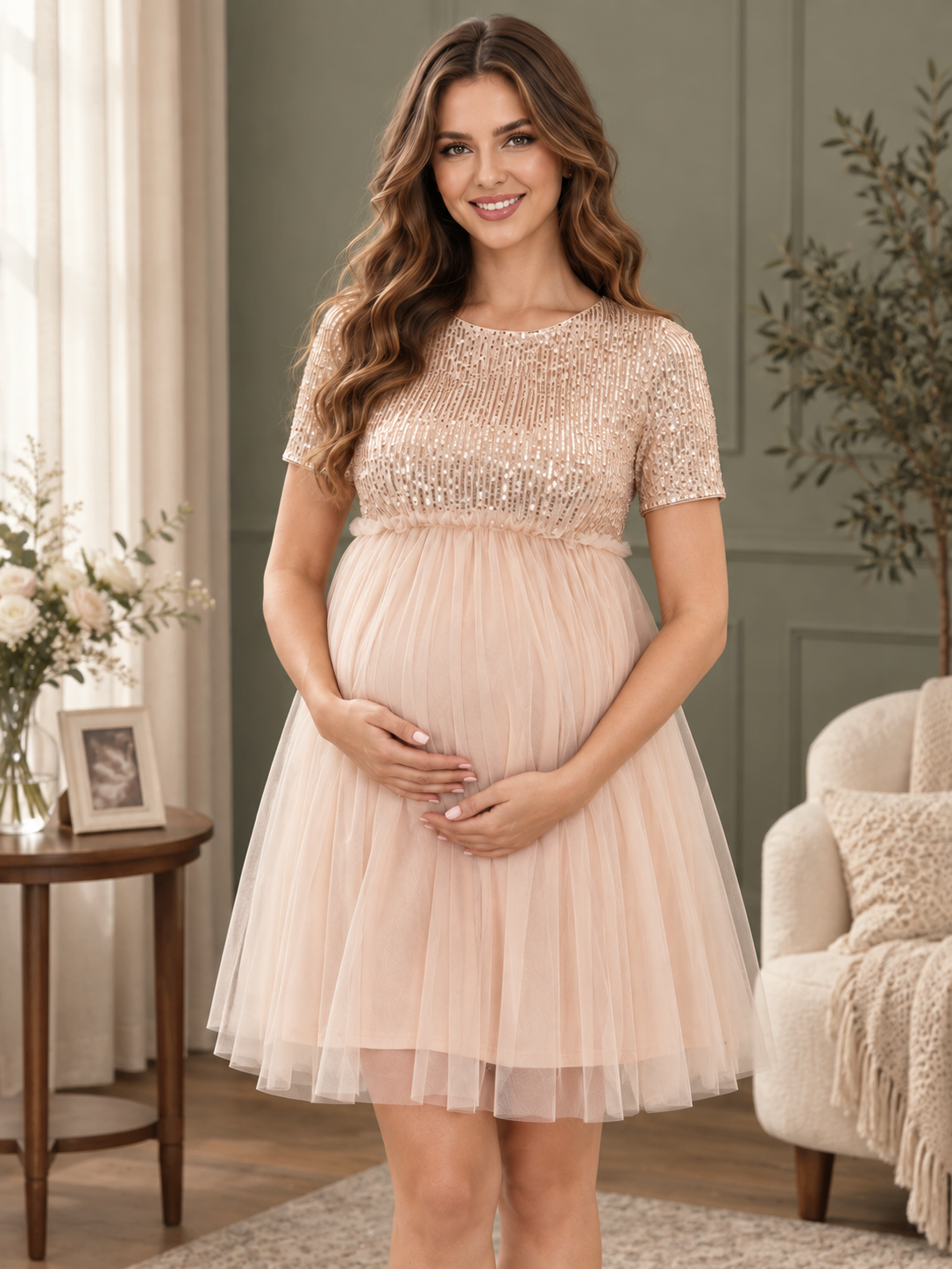 Margot Champagne maternity dress — maternity keepsake portrait in a softly lit living room