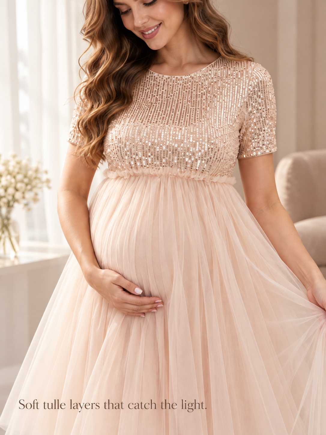 Margot Champagne maternity dress — sequins and tulle layers in soft window light