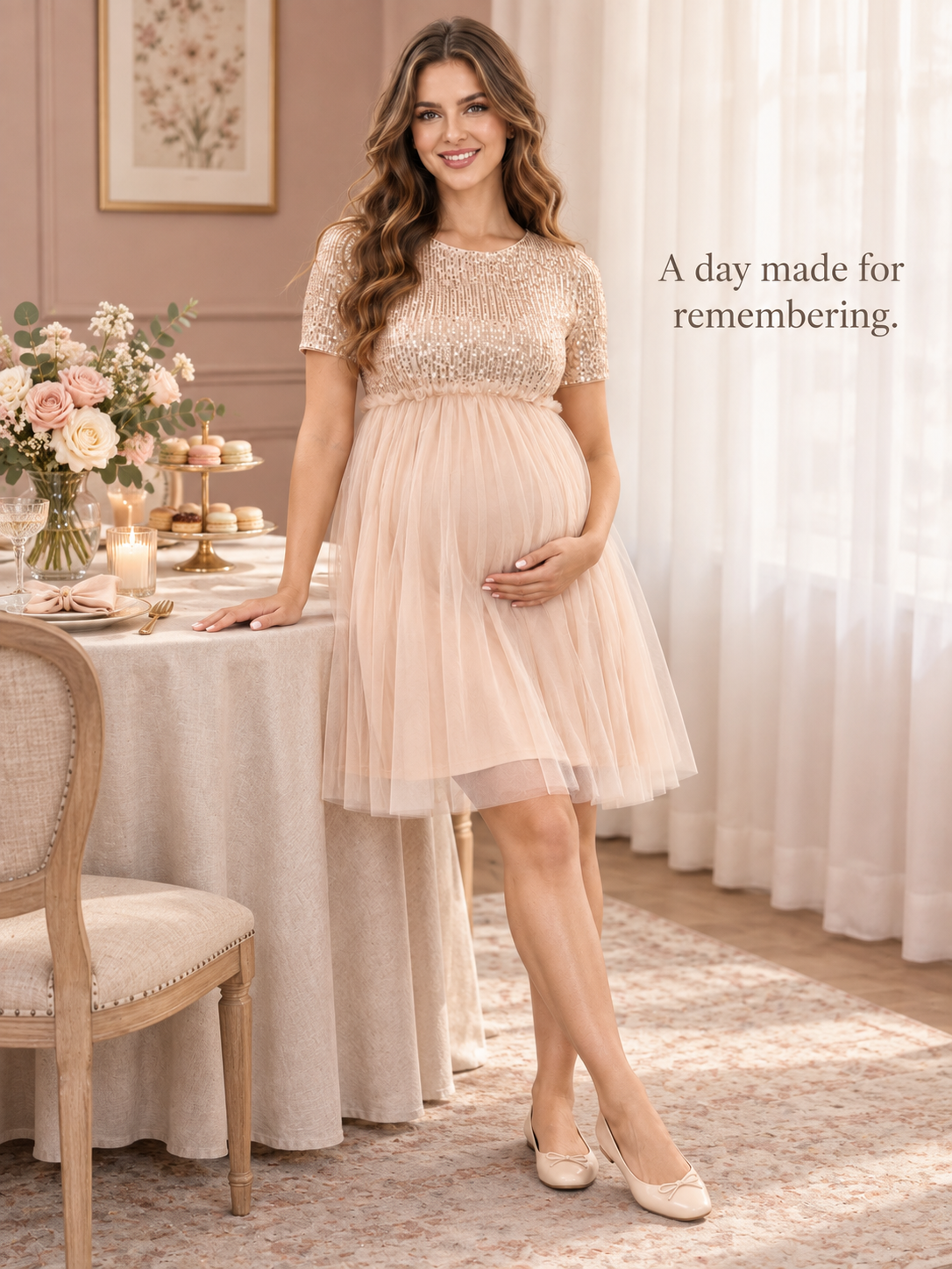 Margot Champagne maternity dress — baby shower and maternity portrait styling by a dressed table