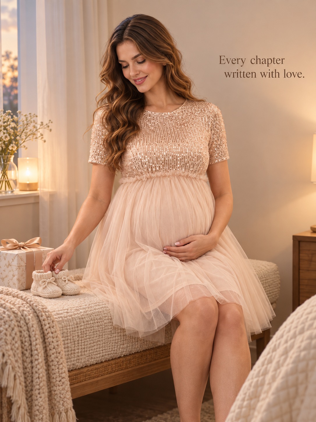 Margot Champagne maternity dress — keepsake moment seated with tiny baby shoes