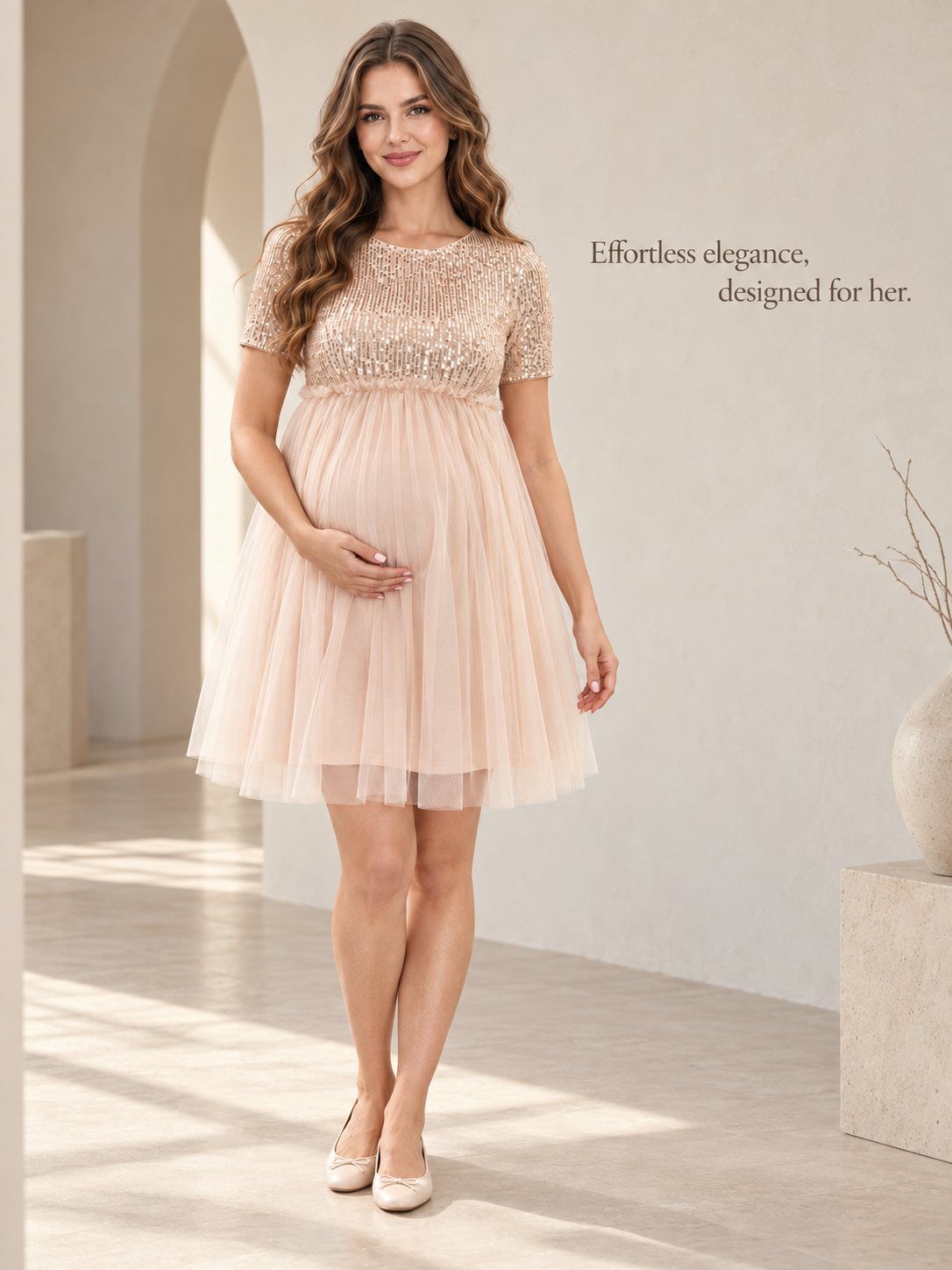 Margot Champagne maternity dress — BabyShowerDress brand story with a full-length view