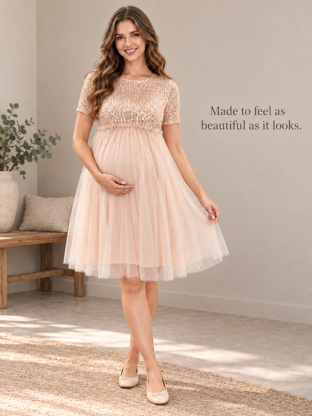Margot Champagne maternity dress — full-length view of the sequin bodice and tulle skirt