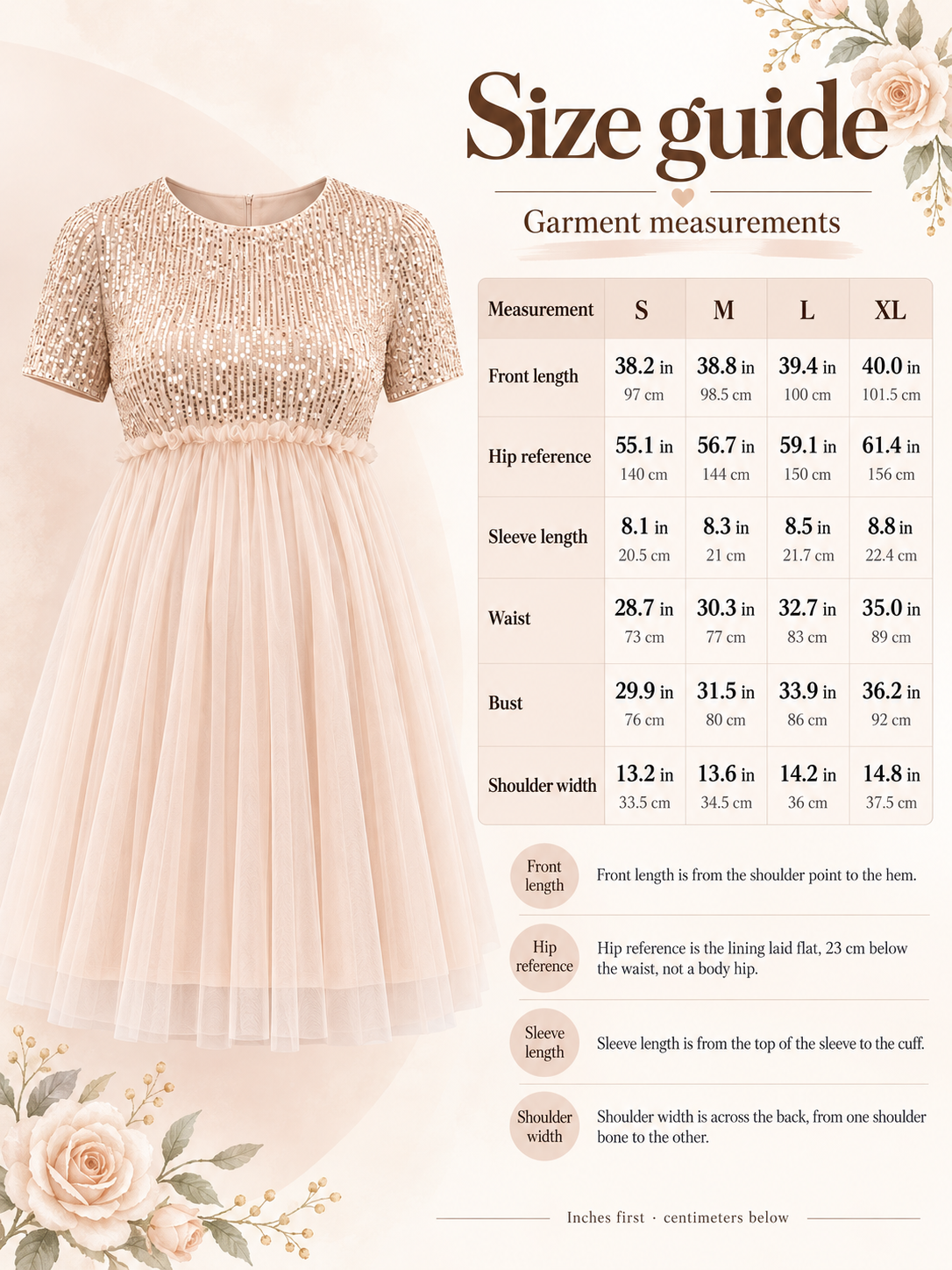 Margot Champagne maternity dress — size guide with S to XL garment measurements in inches and centimeters