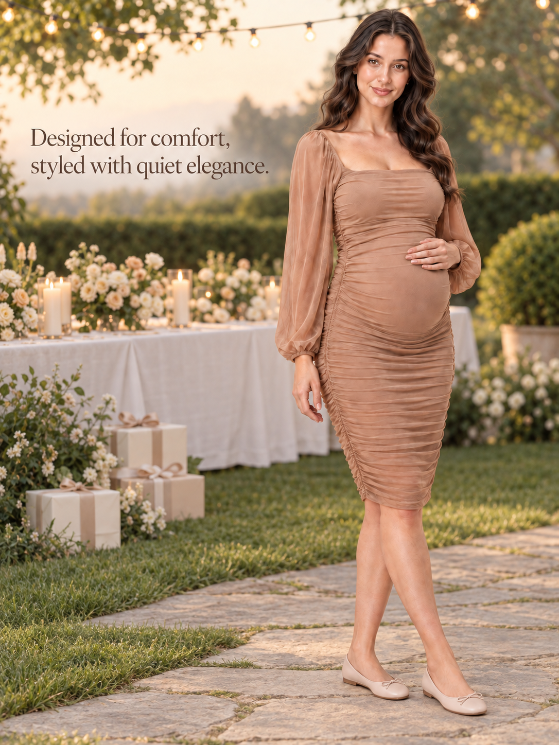 Hazel Camel maternity dress — BabyShowerDress brand story at a garden celebration