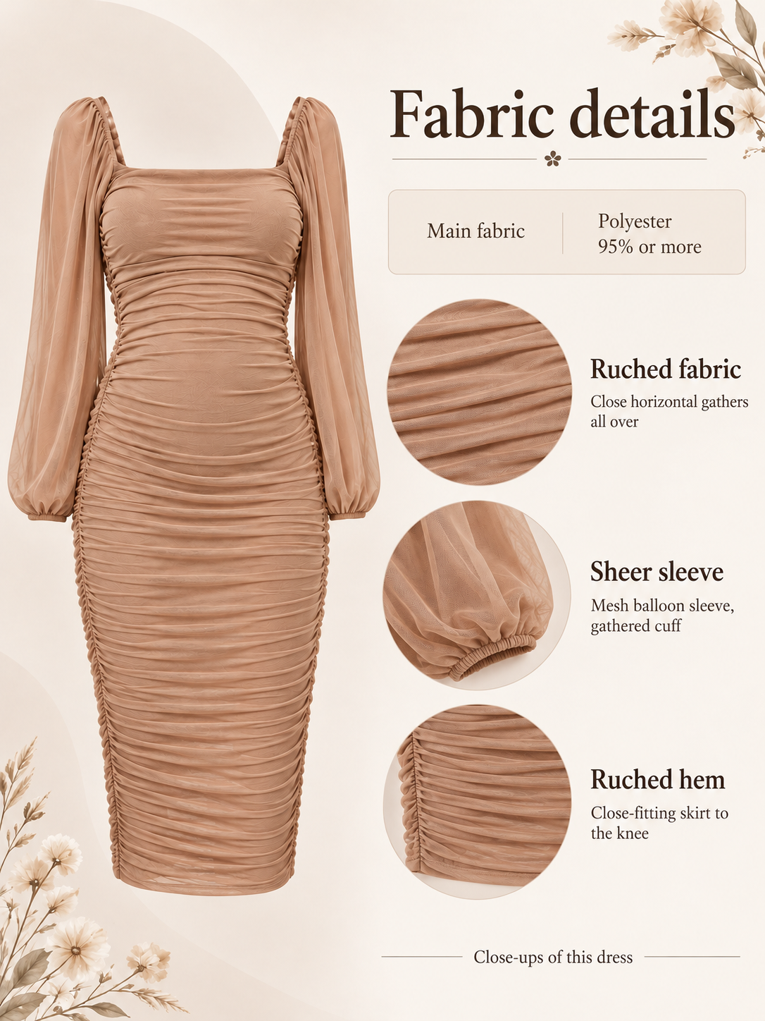 Hazel Camel maternity dress — material guide showing the ruched fabric, sheer mesh sleeve and elastic cuff