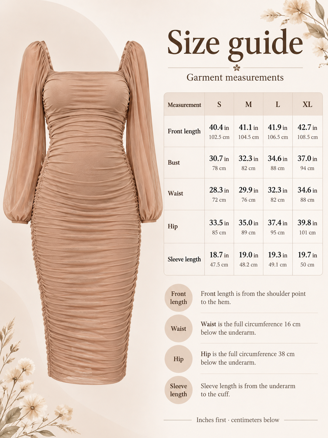 Hazel Camel maternity dress — size guide with S to XL garment measurements in inches and centimeters