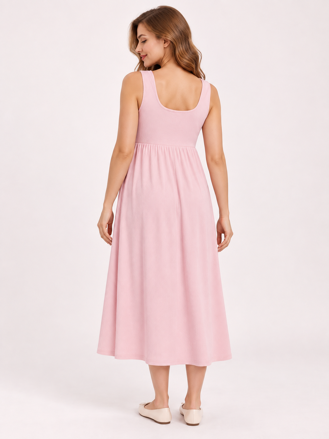 Marcella Blush Pink maternity dress — back view of the scoop back, wide straps and midi hem