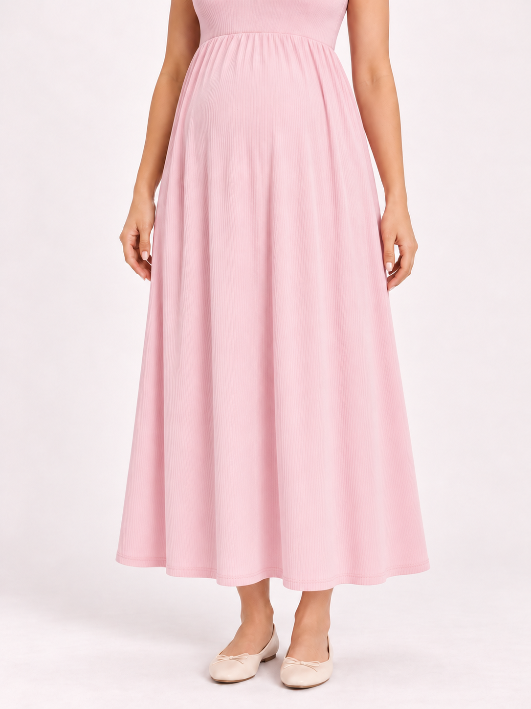 Marcella Blush Pink maternity dress — gathered rib-knit skirt and lower-calf hem detail
