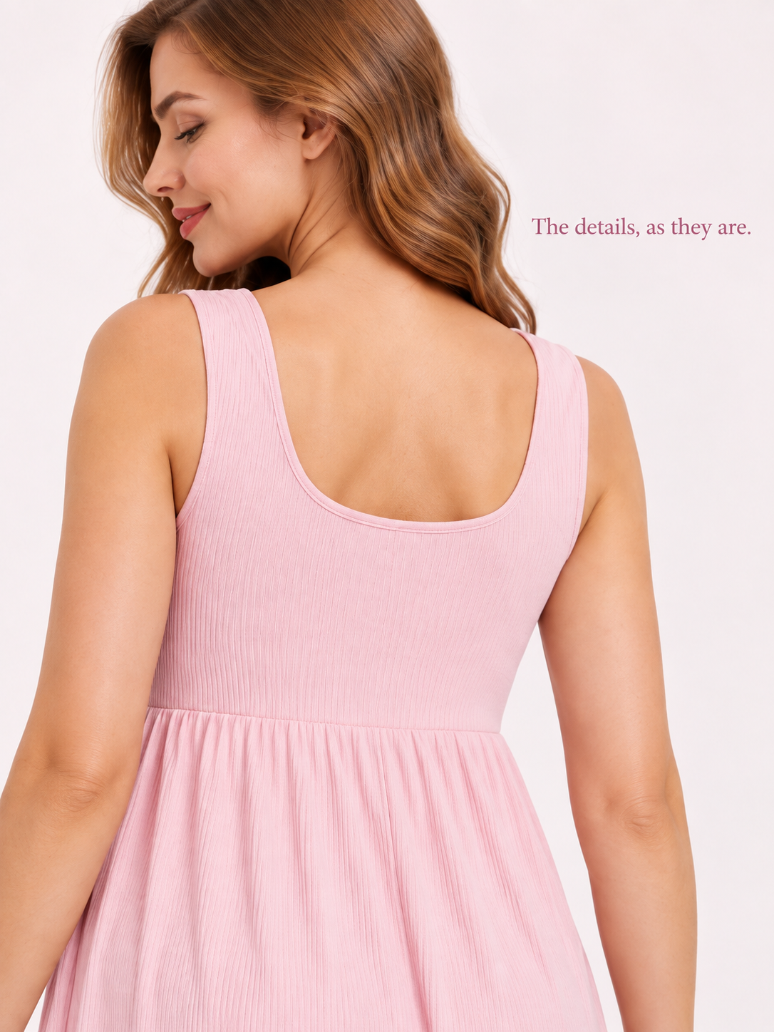 Marcella Blush Pink maternity dress — back close-up of the scoop back and high waist seam