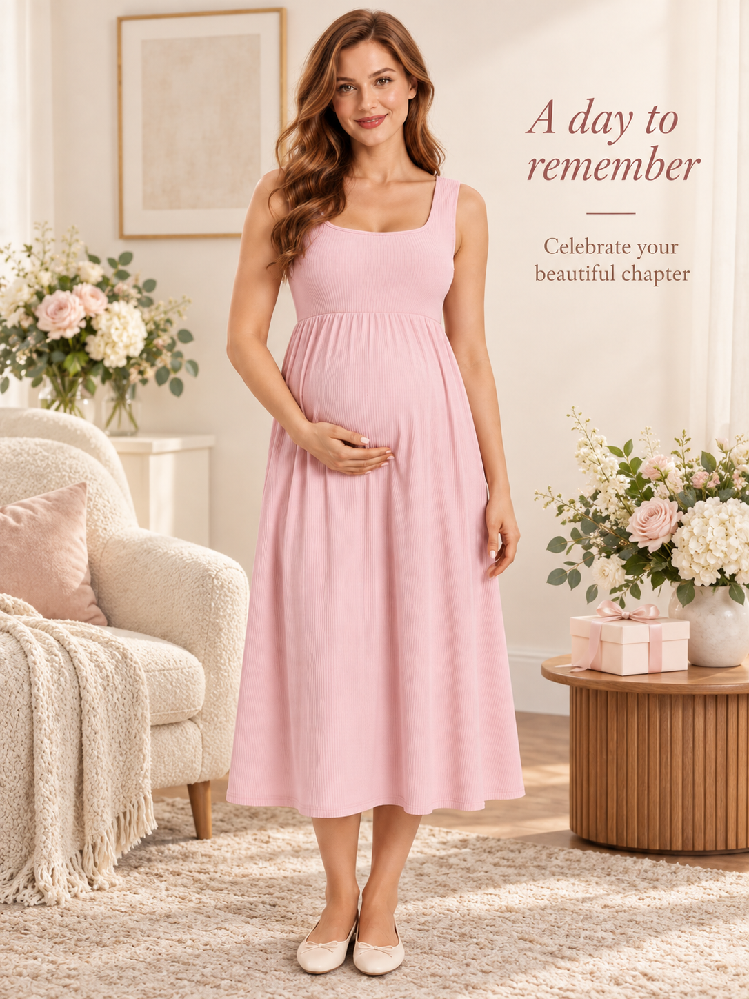 Marcella Blush Pink maternity dress — standing in a flower-filled living room with wrapped gifts