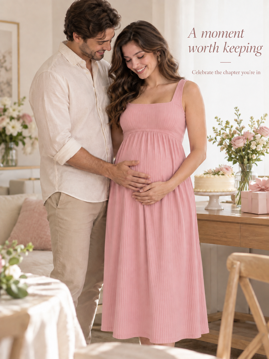 Marcella Blush Pink maternity dress — embraced by a loved one beside a baby shower table