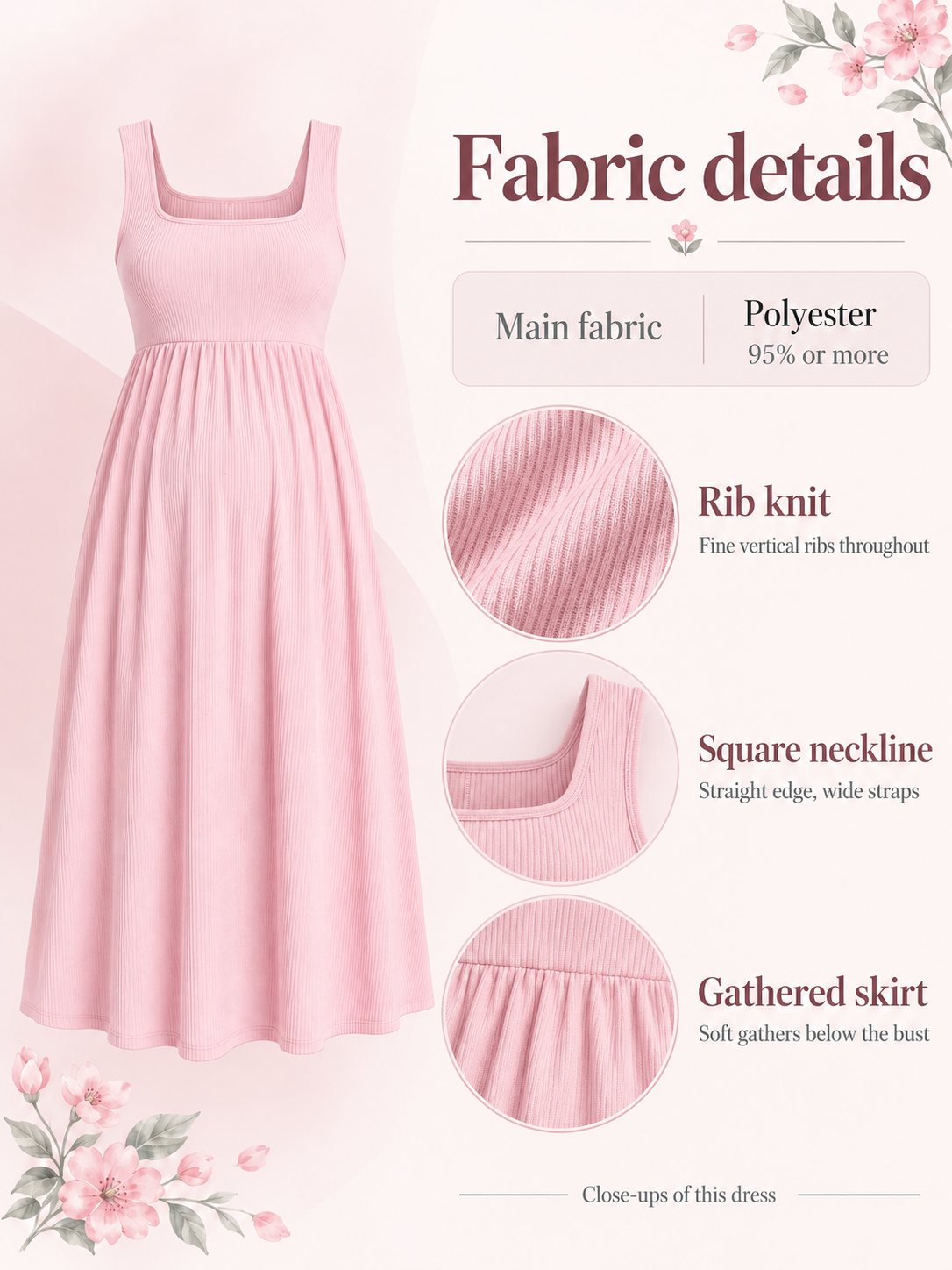 Marcella Blush Pink maternity dress — material guide showing the fine ribs, square neckline and gathered skirt