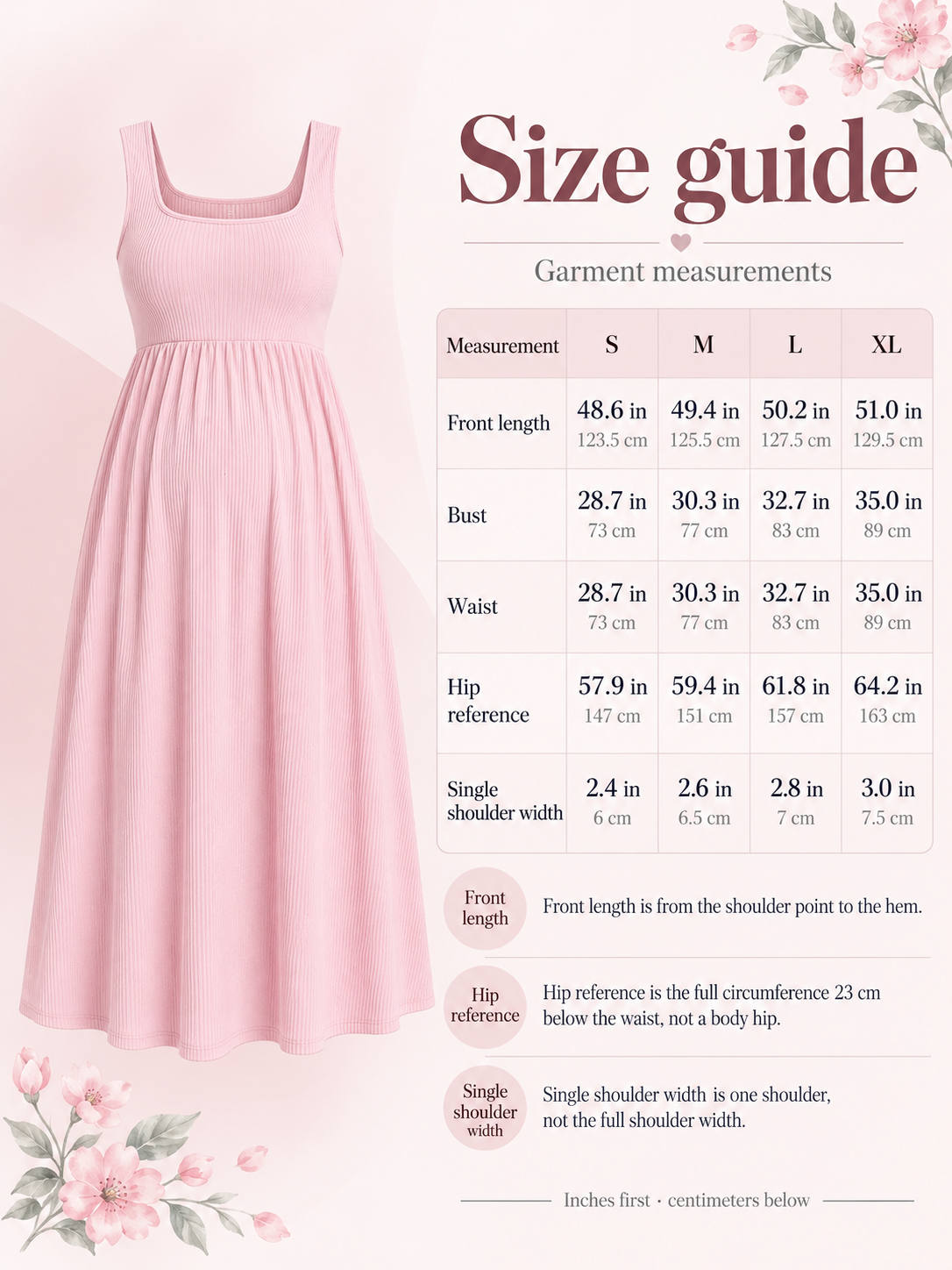 Marcella Blush Pink maternity dress — size guide with S to XL garment measurements in inches and centimeters
