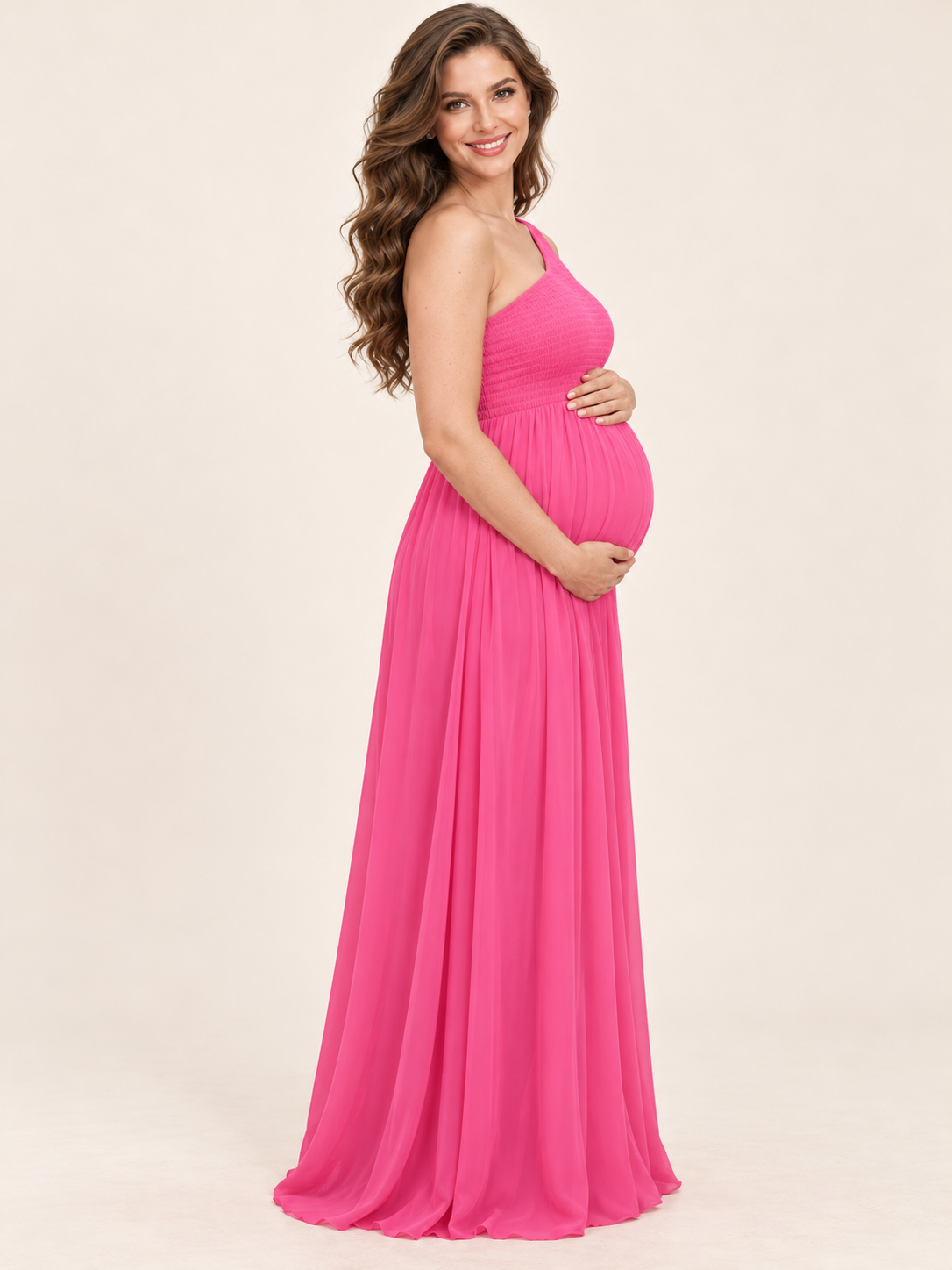 Ophelia Hot Pink maternity dress — side view of the high waist over the bump