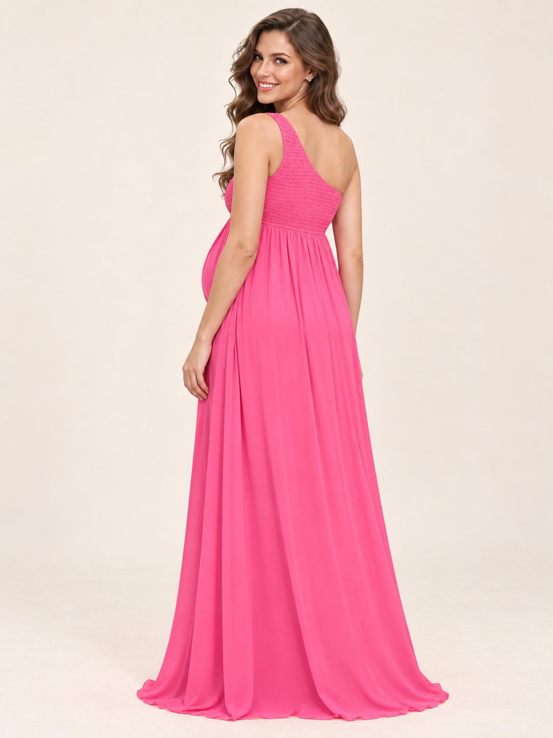 Ophelia Hot Pink maternity dress — back view of the single strap and smocked back