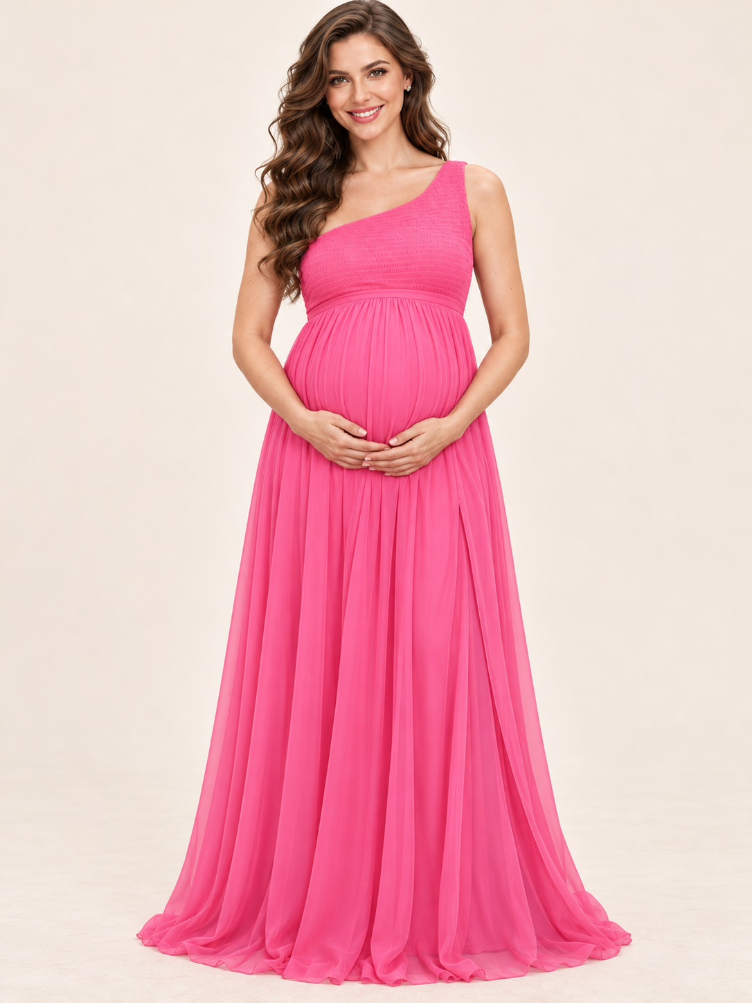 Ophelia Hot Pink maternity dress — flowing chiffon skirt falling to the floor