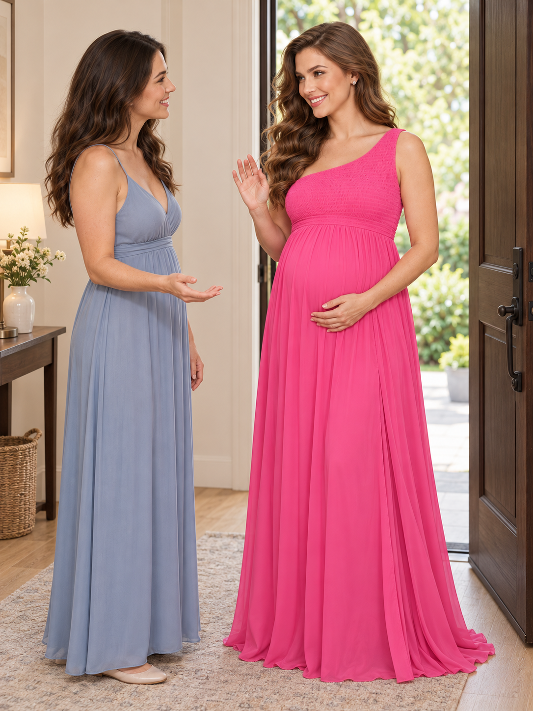 Ophelia Hot Pink maternity dress — greeting a friend at the front door
