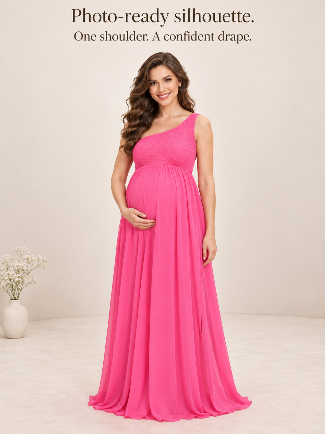 Ophelia Hot Pink maternity dress — full one-shoulder silhouette in a studio