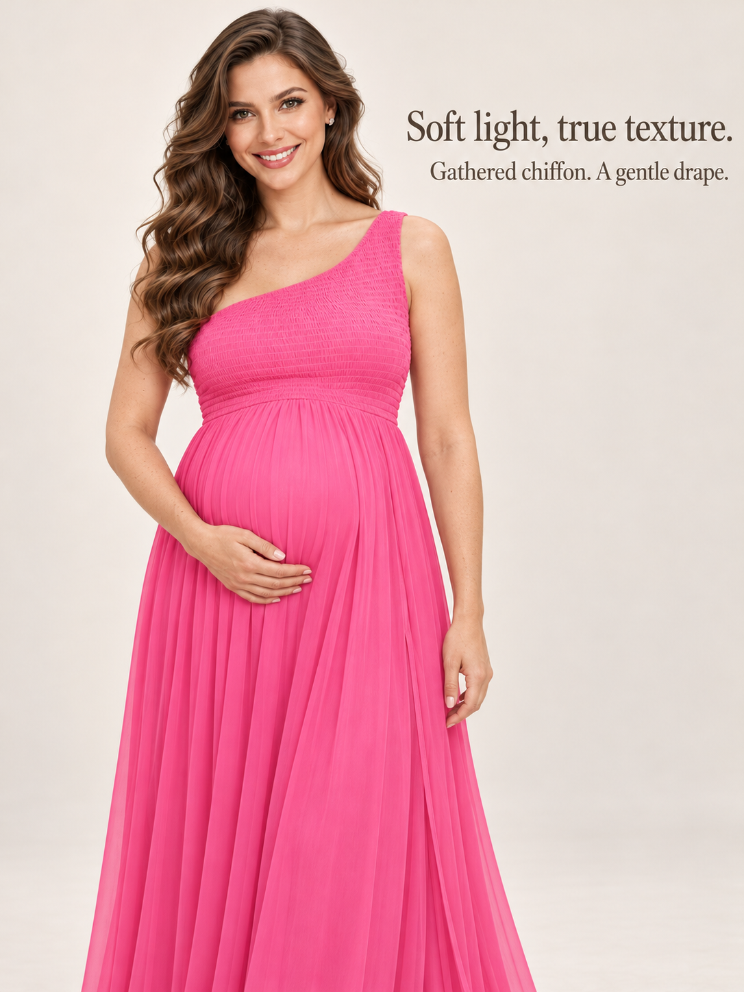 Ophelia Hot Pink maternity dress — gathered chiffon bodice in soft light
