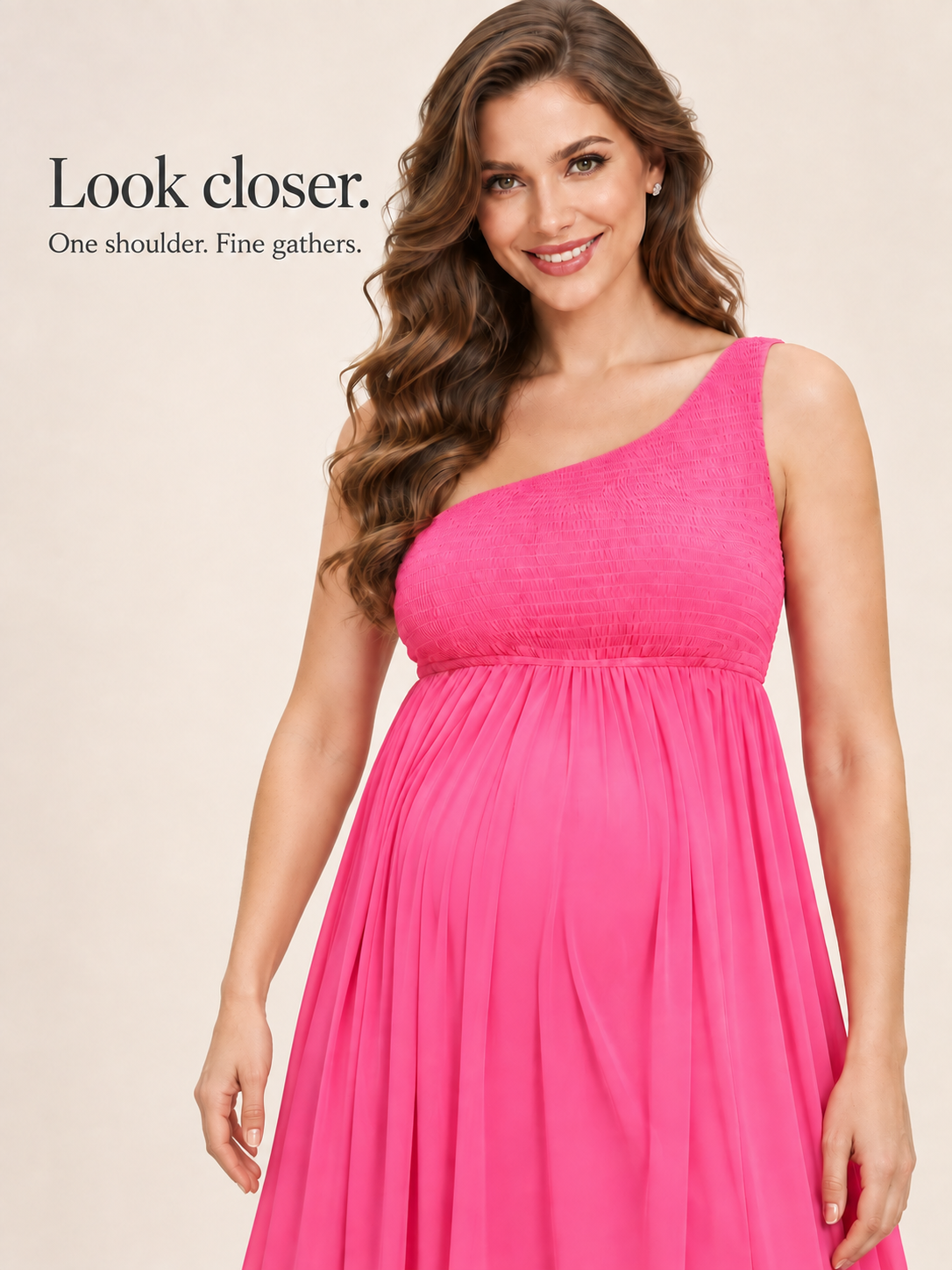 Ophelia Hot Pink maternity dress — close look at the shoulder strap and fine gathers