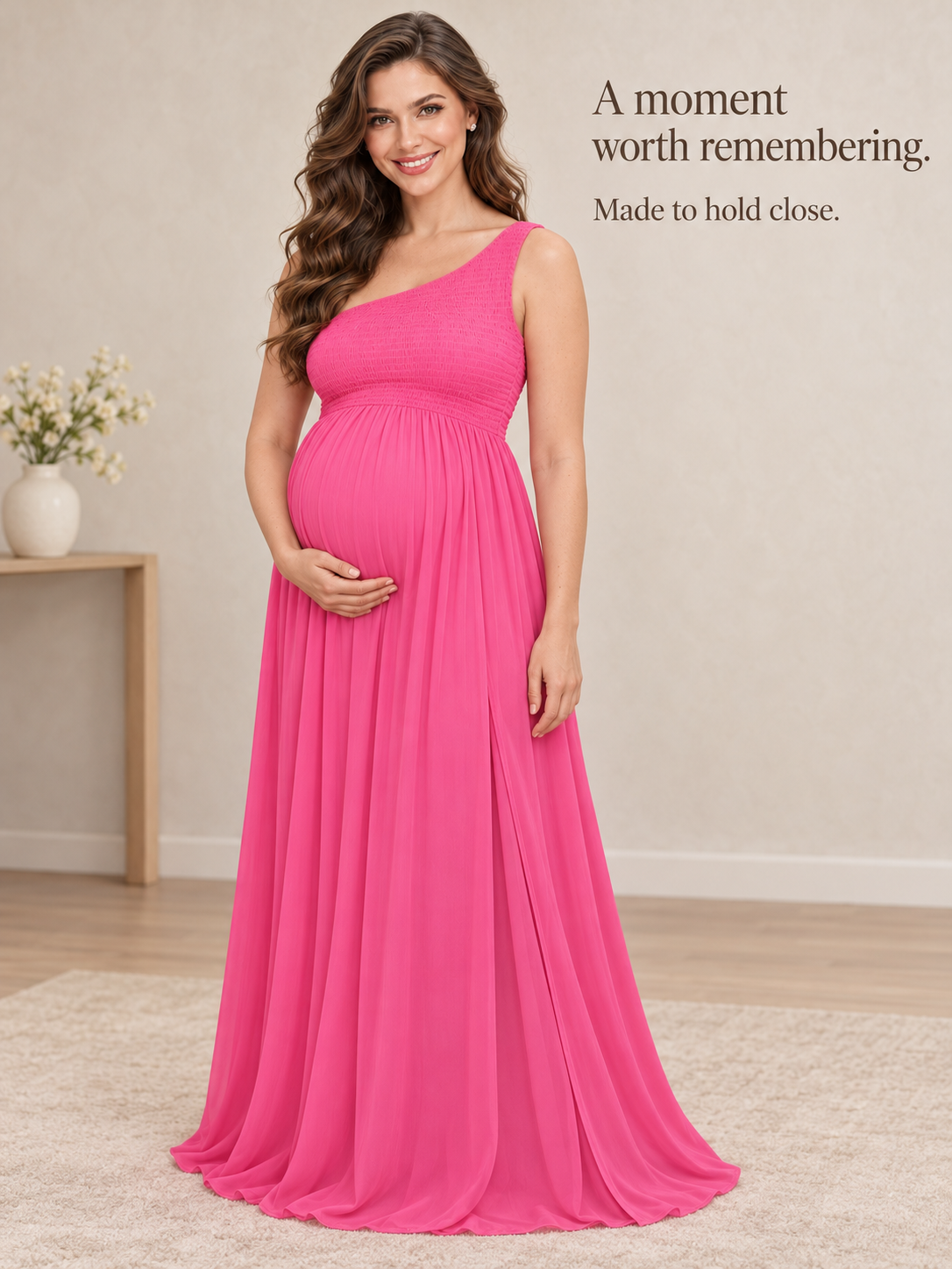 Ophelia Hot Pink maternity dress — maternity portrait with hands on the bump