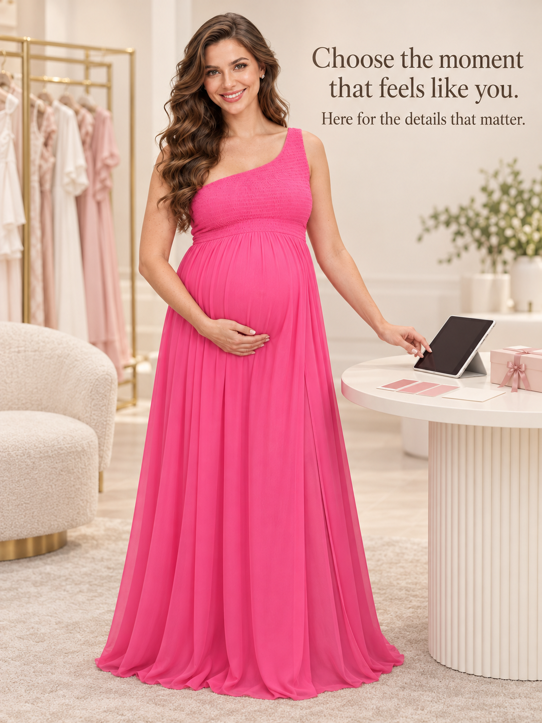 Ophelia Hot Pink maternity dress — browsing dress details on a tablet in a boutique