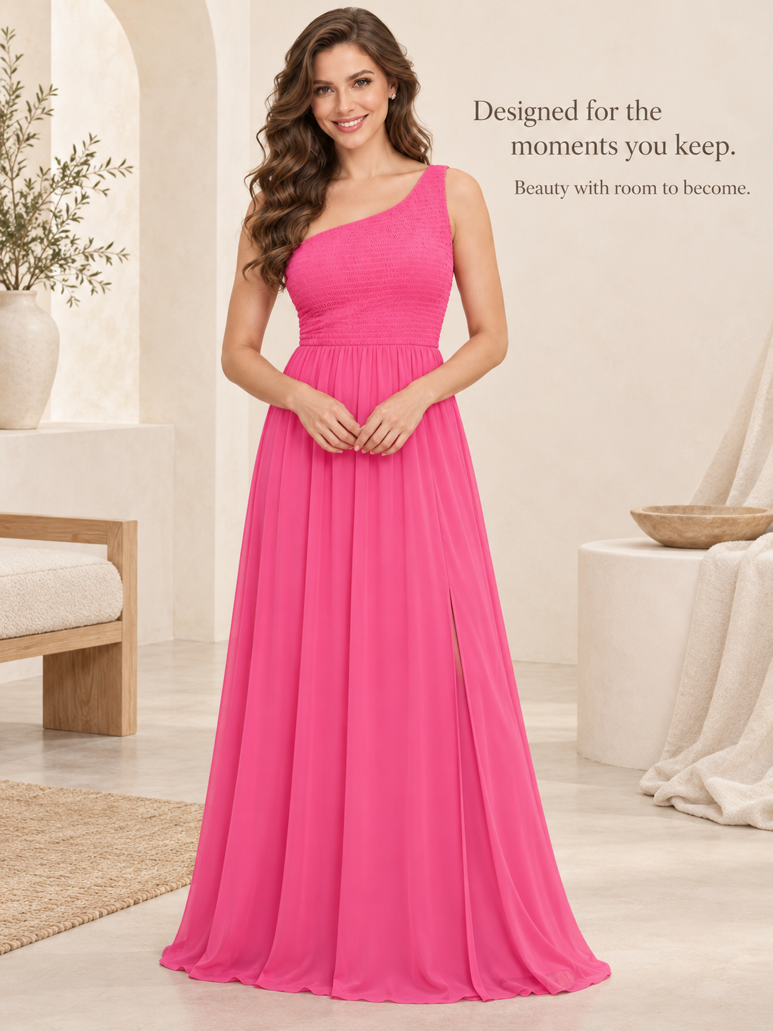 Ophelia Hot Pink maternity dress — full-length portrait with the front slit on the wearer's left