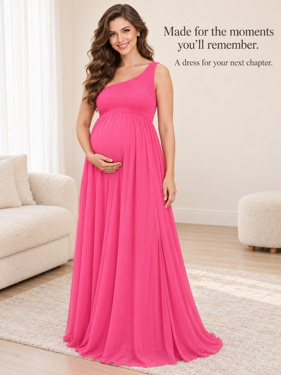 Ophelia Hot Pink maternity dress — relaxed portrait in a softly lit living room