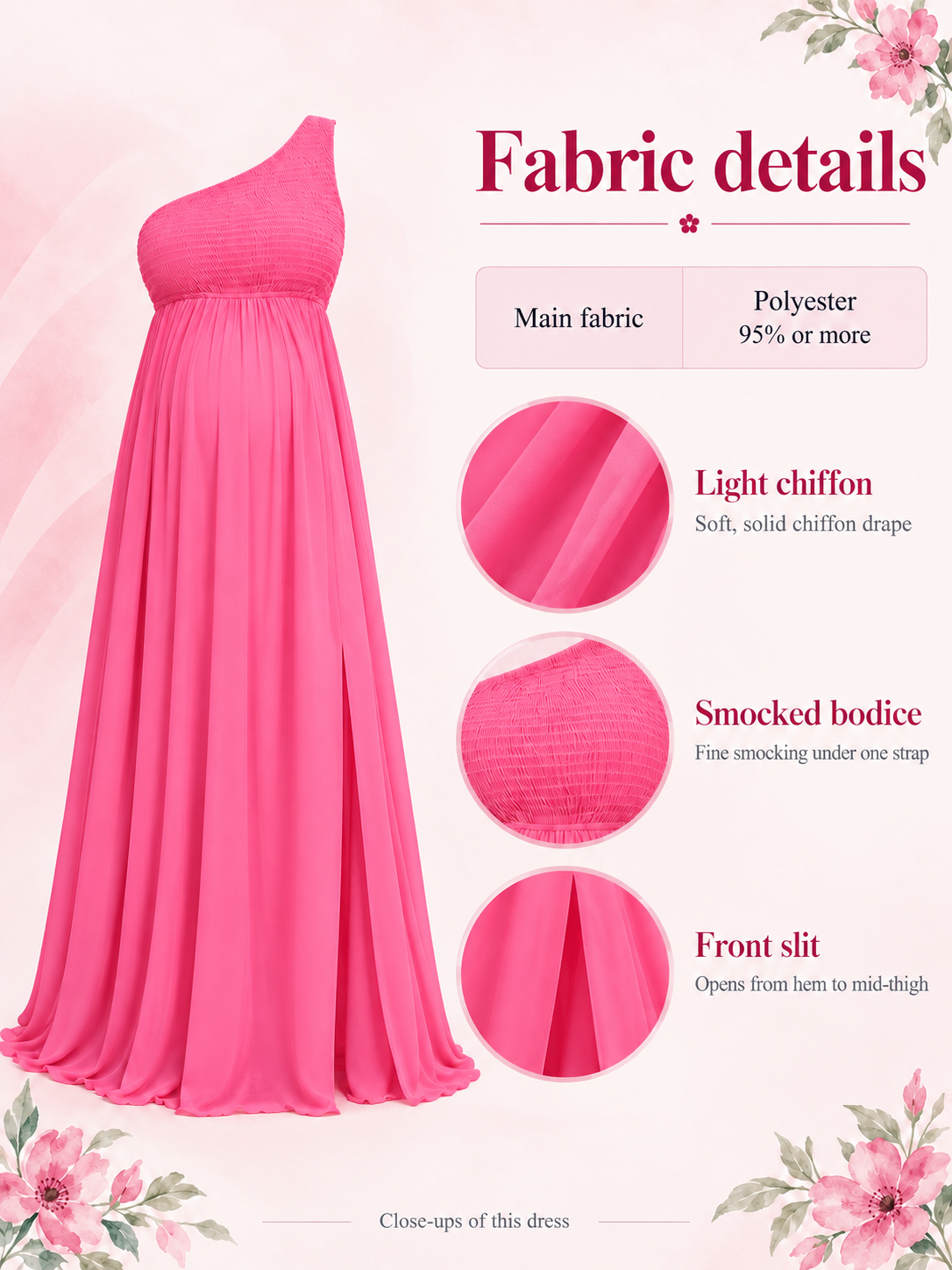 Ophelia Hot Pink maternity dress — material guide showing the smocked bodice, chiffon skirt and front slit