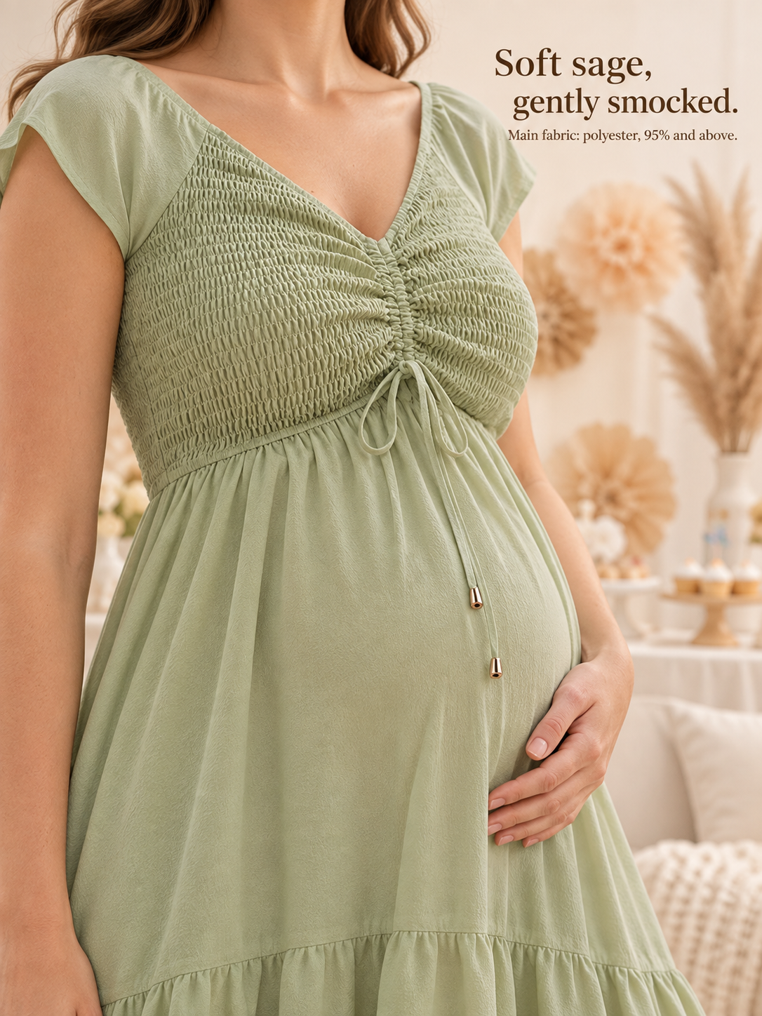 Juniper Sage Green maternity dress — smocked bodice and tie in soft light