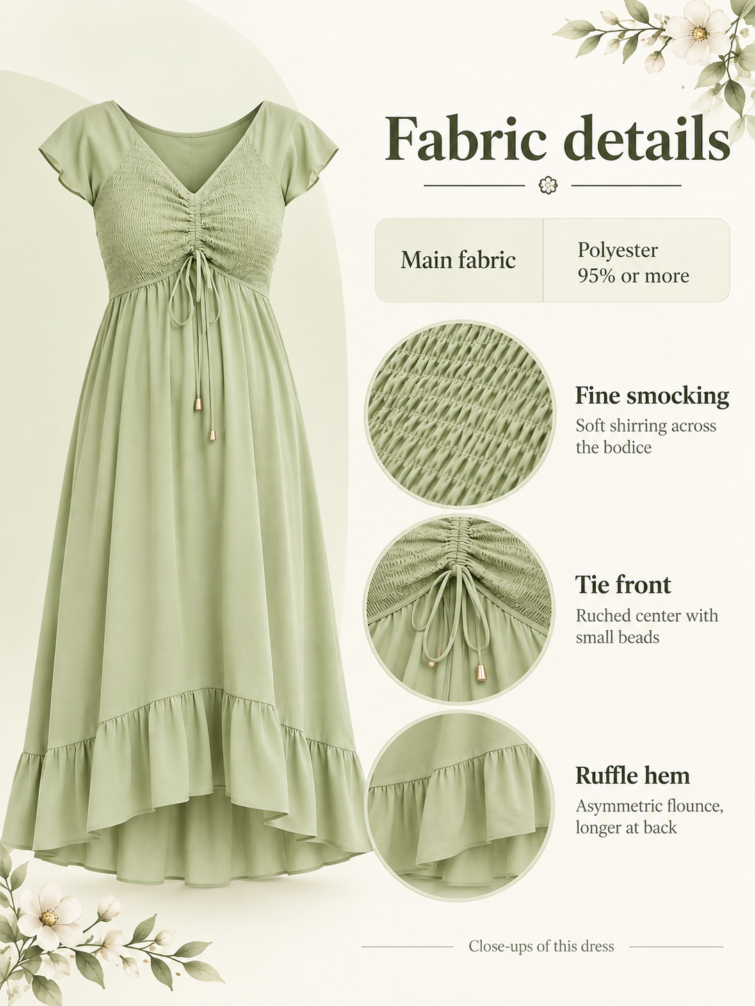Juniper Sage Green maternity dress — material guide showing the smocked bodice, tie detail and ruffle hem