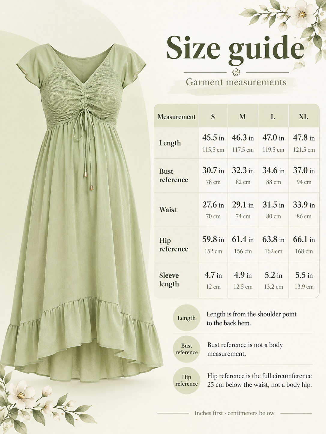 Juniper Sage Green maternity dress — size guide with S to XL garment measurements in inches and centimeters