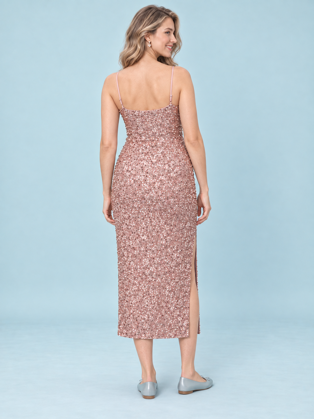 Bianca Dusty Rose maternity dress — back view with thin straps and the side slit on the wearer's right