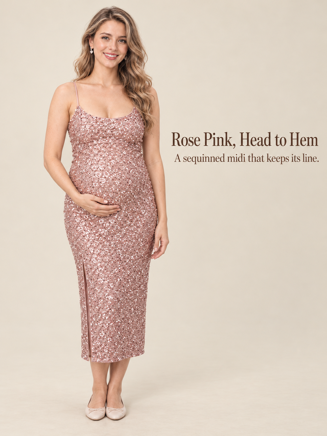 Bianca Dusty Rose maternity dress — full sequin midi silhouette from neckline to hem
