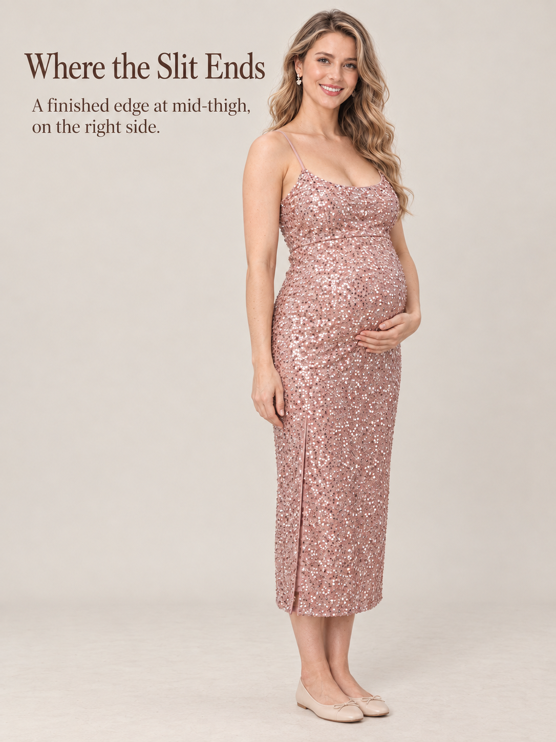 Bianca Dusty Rose maternity dress — where the side slit ends on the thigh
